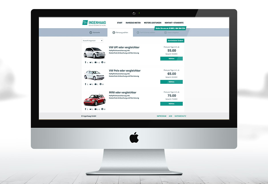 Mac Bildschirm mit Screen zu Autoauswahl der INGENHAAG Autovermietung. Man sieht das neue Corporate Design und Website Design