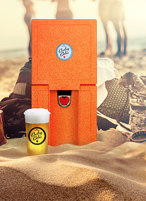 Produktseiten Webdesign: Cooling Cube mit Bier am Strand