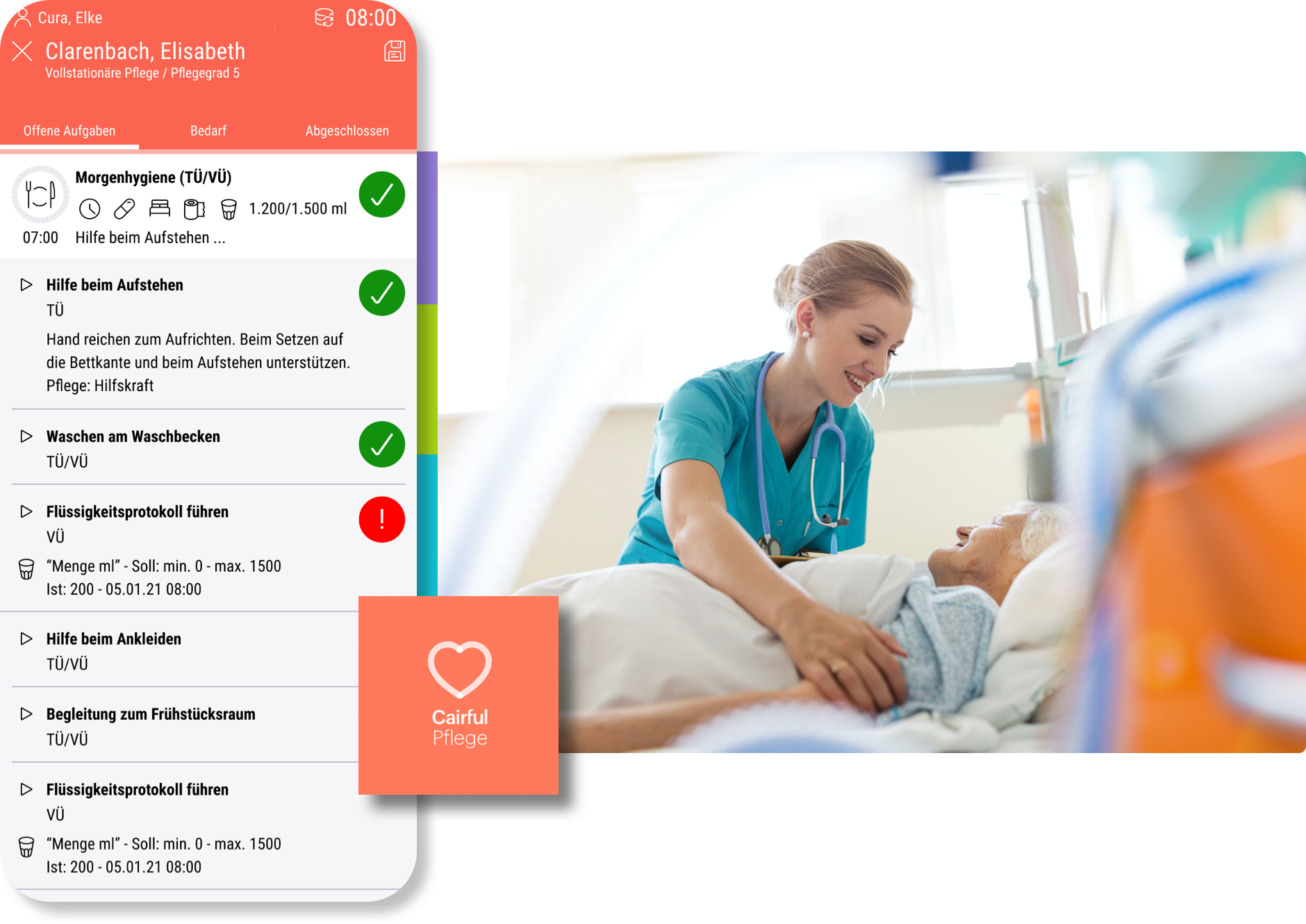 Die Cairful App unterstützt Pfleger/in bei ihren täglichen Aufgaben.